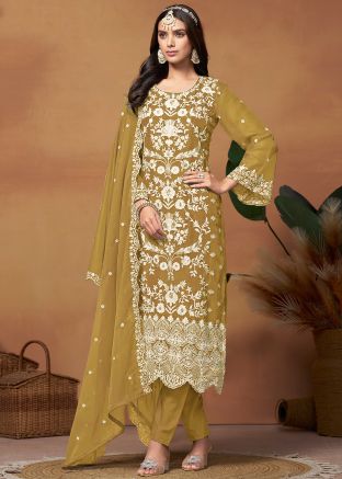 Yellow Embroidered Pant Style Suit In Organza