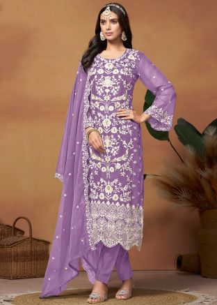 Purple Embroidered Pant Suit In Organza