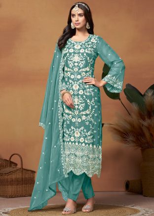 Sea Green Embroidered Organza Pant Suit
