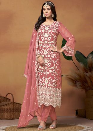 Coral Pink Embroidered Organza Pant Style Suit
