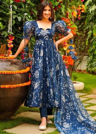 Blue Printed Anarkali Suit Set