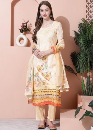Yellow Digital Printed Cotton Pant Suit 