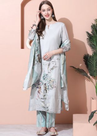 Light Green Printed Pant Suit In Cotton