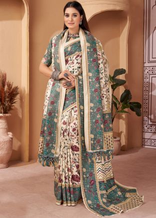 Cream Pashmina Saree & Shawl In Digital Floral Print