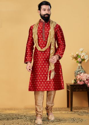 Readymade Silk Kurta Churidar In Red