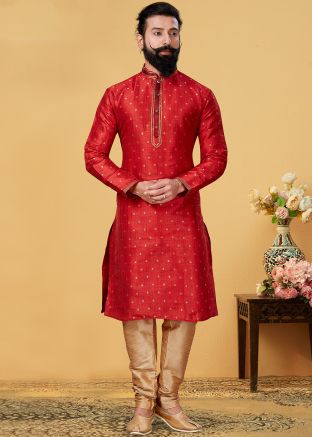 Red Comfy Kurta Churidar Set In Silk