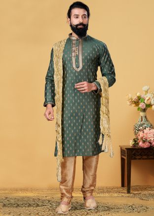 Teal Green Readymade Kurta Churidar In Silk