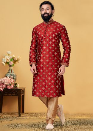 Red Stone Embellished Kurta Pajama Set