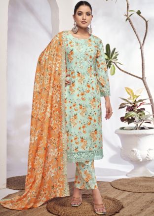 Pastel Green Cotton Pant Suit In Digital Print