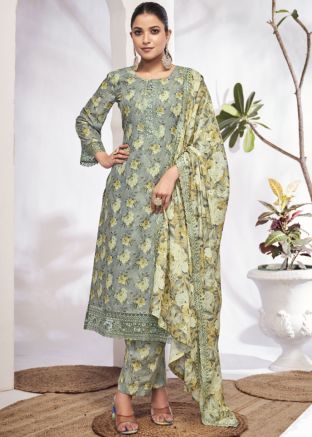 Grey Digital Floral Printed Cotton Pant Suit Set