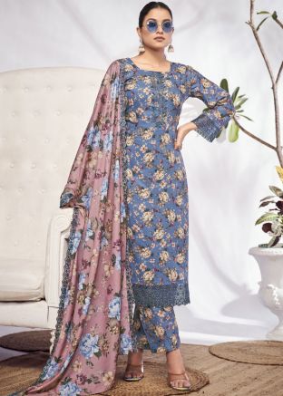 Blue Digital Floral Printed Cotton Pant Suit