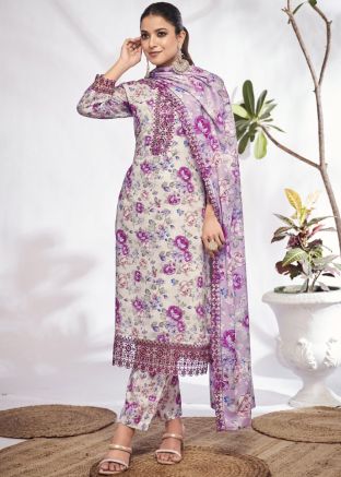 White Cotton Pant Suit In Digital Floral Print
