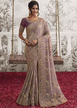 Purple Silk Saree In Stone Embroidery