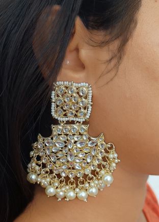White Kundan Studded Dangler Earrings