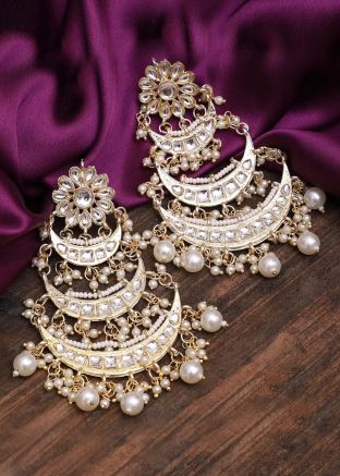 White Kundan Studded Chandbali Earrings