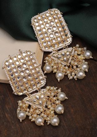White Kundan & Beads Studded Earrings