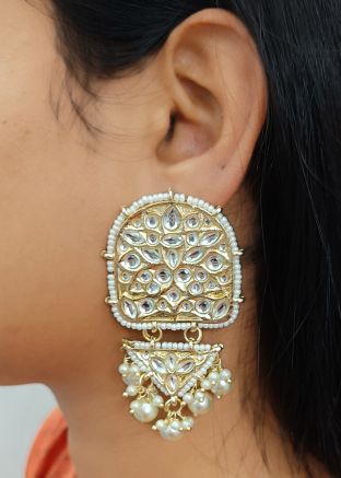 Kundan & Beads Work Earrings In White