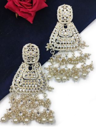 White Kundan & Beads Studded Dangler Earrings
