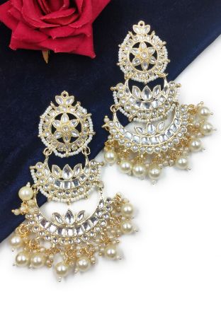 Kundan Studded Chandbali Earrings In white
