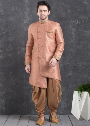 Peach Printed Indo Western Sherwani Dhoti Set