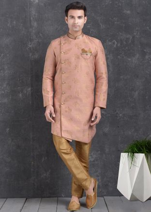 Peach Asymmetric Brocade Indo Western Sherwani