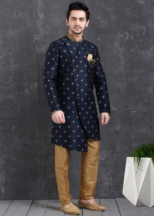 Dark Blue Brocade Readymade Indo Western Sherwani Set