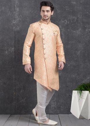 Readymade Indo Western Asymmetric Sherwani Set In Peach