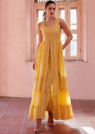 Readymade Yellow Embroidered Slitted Pant Suit