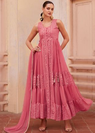Readymade Pink Embroidered Slitted Pant Suit