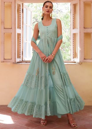 Readymade Pastel Turquoise Embroidered Slitted Pant Suit