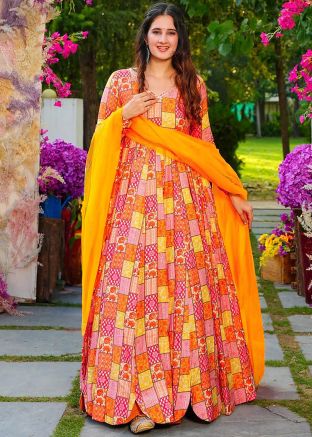 Multicolored Readymade Rayon Anarkali Suit In Digital Print