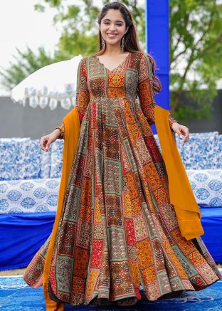 Multicolored Readymade Digital Printed Anarkali Suit In Rayon