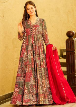 Readymade Digital Printed Rayon Anarkali Suit In Multicolor