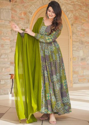 Multicolored Readymade Digital Printed Anarkali Suit & Dupatta