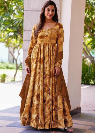 Brown Readymade Digital Printed Rayon Anarkali Suit