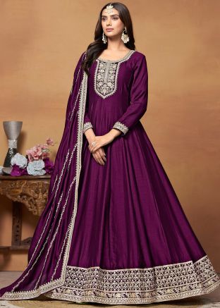 Purple Embroidered Anarkali Suit Set
