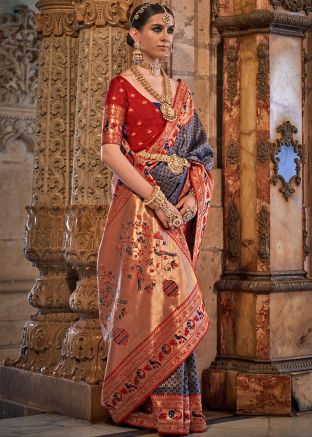 Blue Jacquard Silk Saree In Woven Work