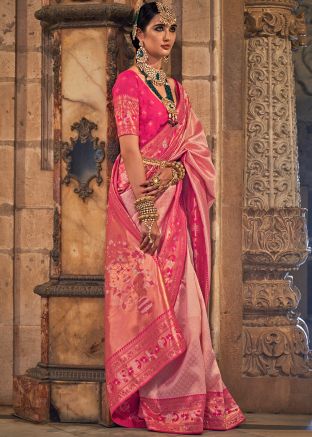 Pink Woven Jacquard Silk Saree & Blouse