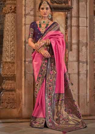 Pink Jacquard Silk Saree In Woven Work