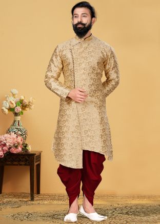 Golden Woven Jacquard Asymmetric Kurta With Dhoti