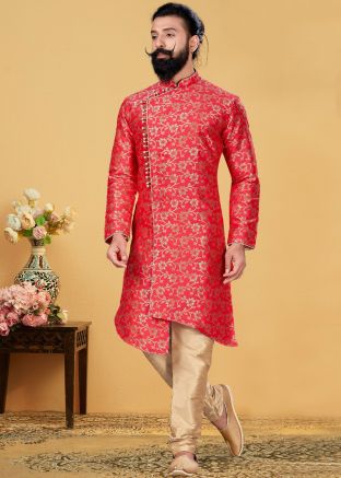 Red Floral Woven Asymmetric Kurta With Churidar