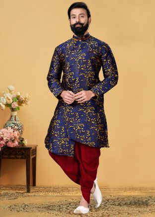 Navy Blue Readymade Woven Asymmetric Kurta Dhoti Set
