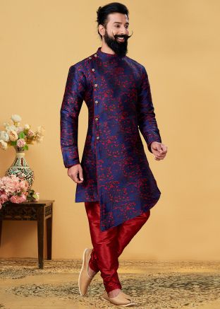 Navy Blue Woven Asymmetric Kurta With Churidar