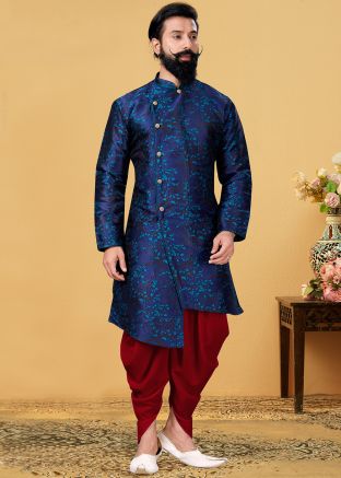 Navy Blue Woven Readymade Asymmetric Kurta Dhoti Set