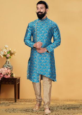 Blue Woven Asymmetric Readymade Kurta Churidar Set
