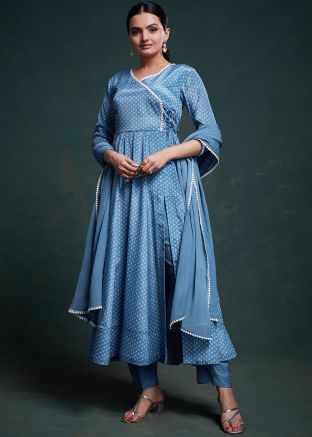 Blue Printed Readymade Art Silk Anarkali Suit