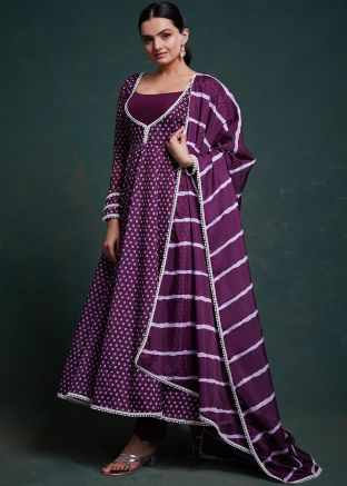 Purple Printed Readymade Anarkali Suit In Organza