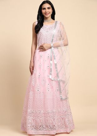Pastel Pink Embroidered Readymade Anarkali Suit In Net