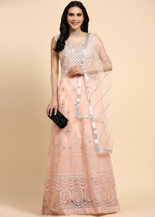 Peach Embroidered Readymade Net Anarkali Suit Set