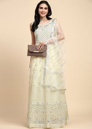 Readymade Embroidered Net Anarkali Suit In Cream